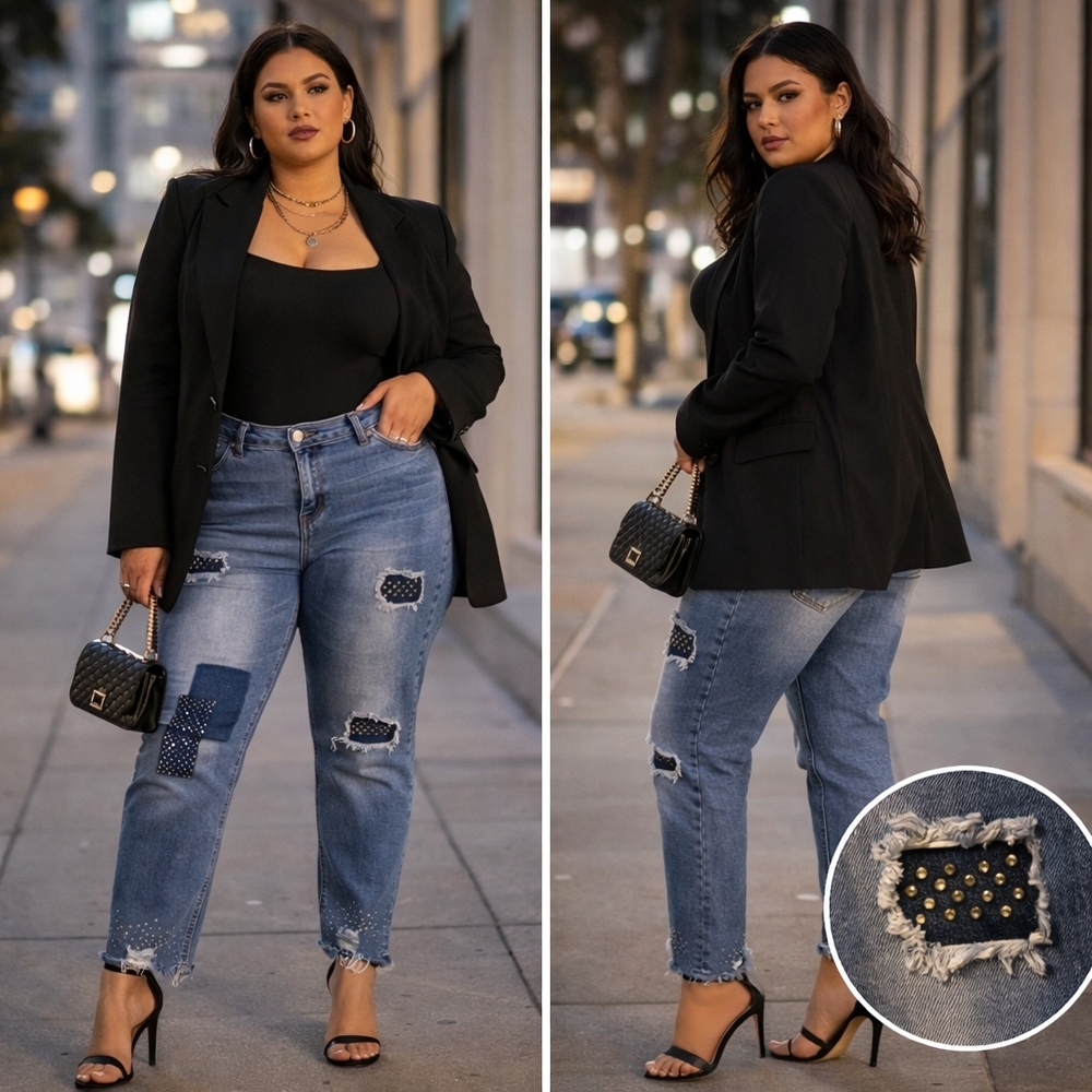 Size 16 Copper Flash Distressed Jeans Rhinestone Patch Denim Trendy Size 16 GUC